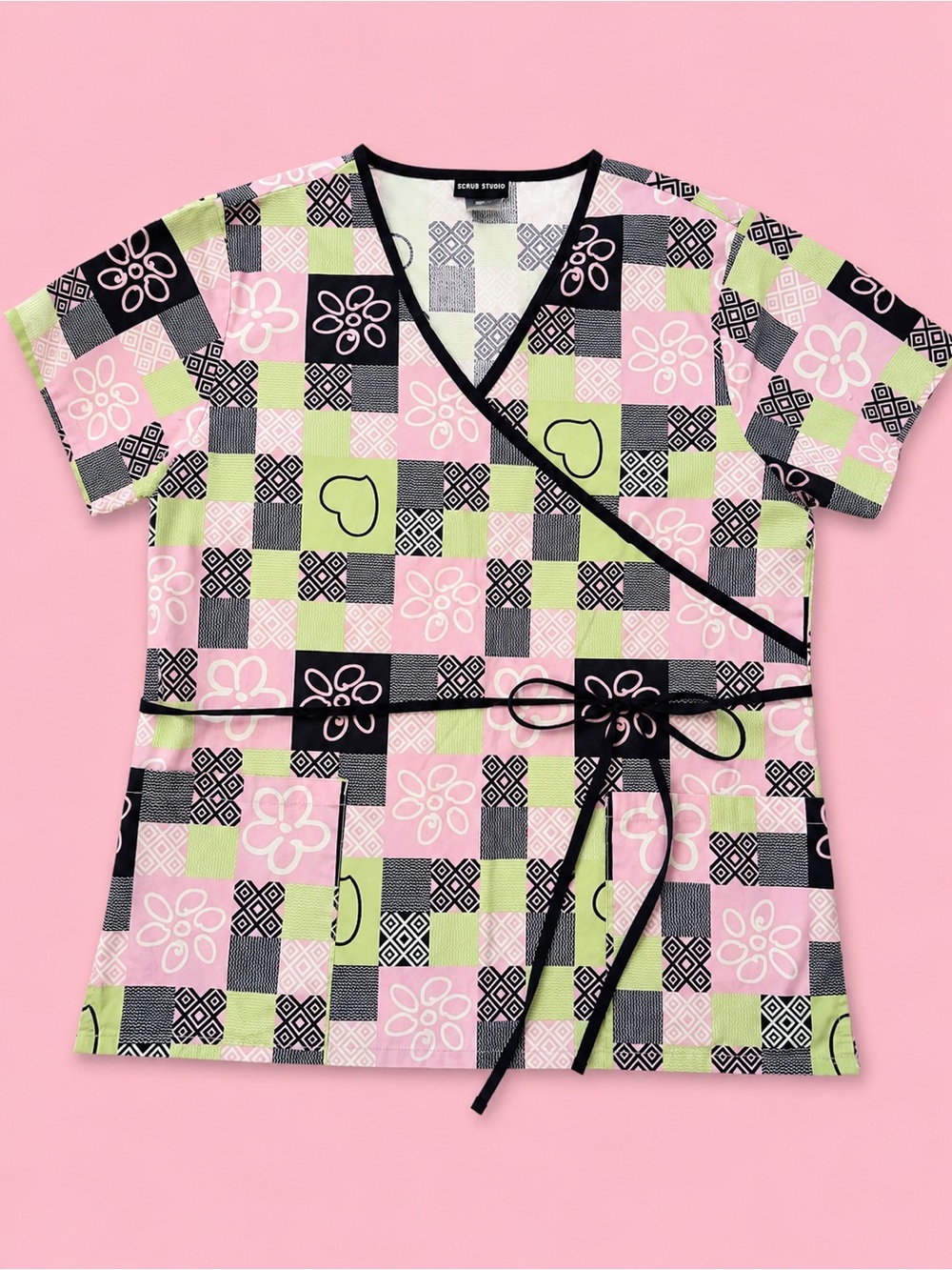ScrubStudio Womens Pink & Green Wrap-Style Scrub Top